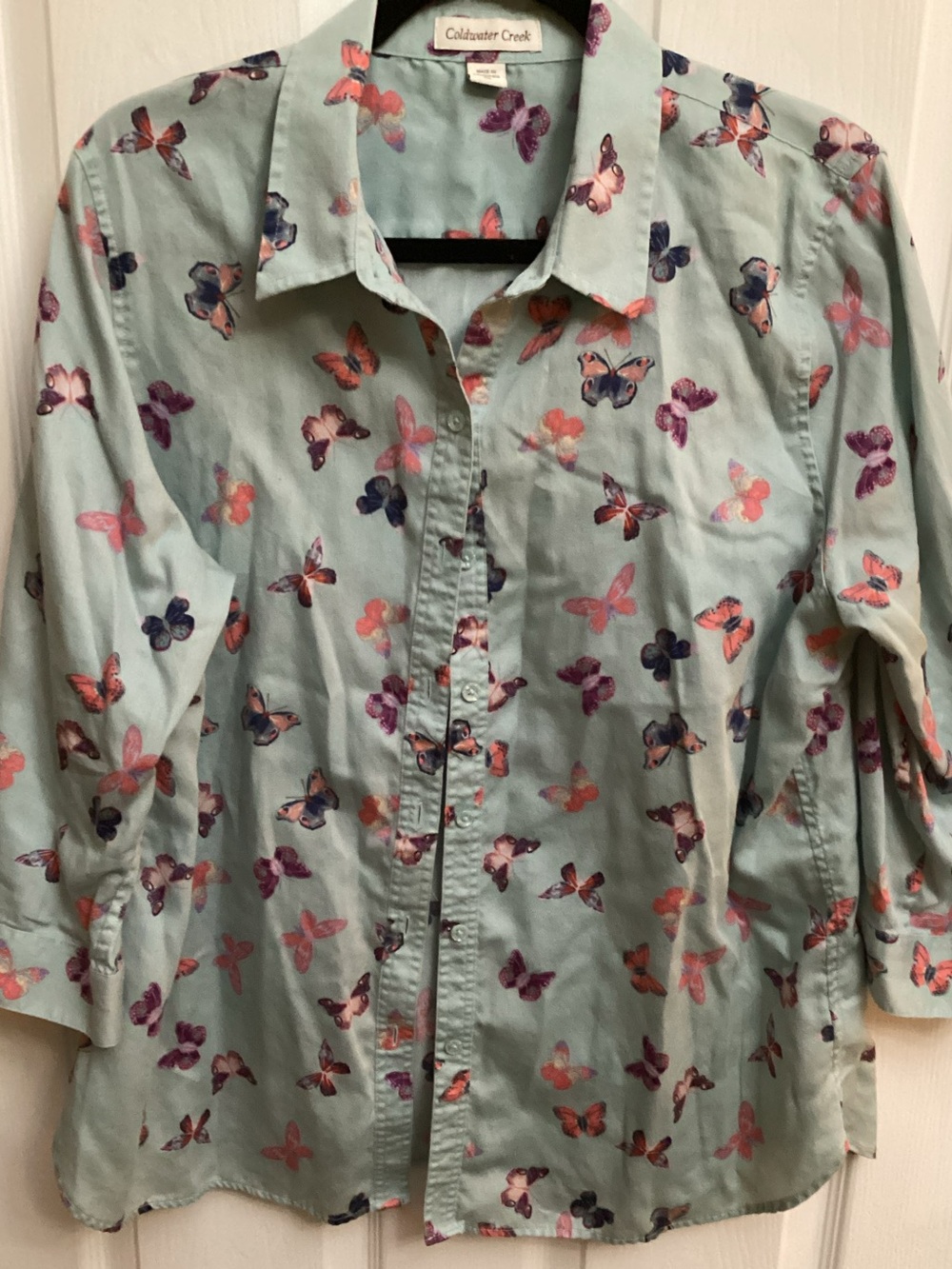 Coldwater Creek Mint Green Butterfly Blouse with Multicolor Wings
